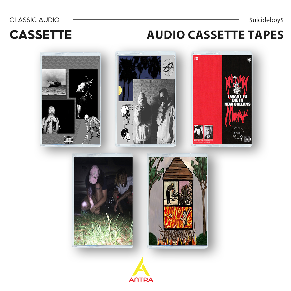 $uicideboy$ Cassette Tape Collection – Grey/Grey, Eternal Grey, I Want to Die in New Orleans, Stop Staring at the Shadows, Long Term Effects of Suffering – Vintage Hip Hop & Underground Rap