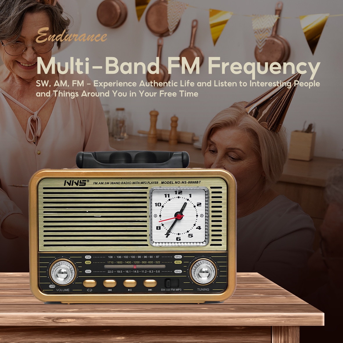 NS-8898BT Portable Retro Radio | Hi-Fi Sound, Multi-Band Receiver & Free USB