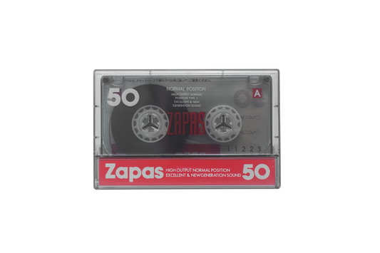 Zapas 50-Minute Blank Cassette Tape - High Output Normal Position, Clear Sound, Transparent Shell, Red Sleeve, Box of 10 Tapes