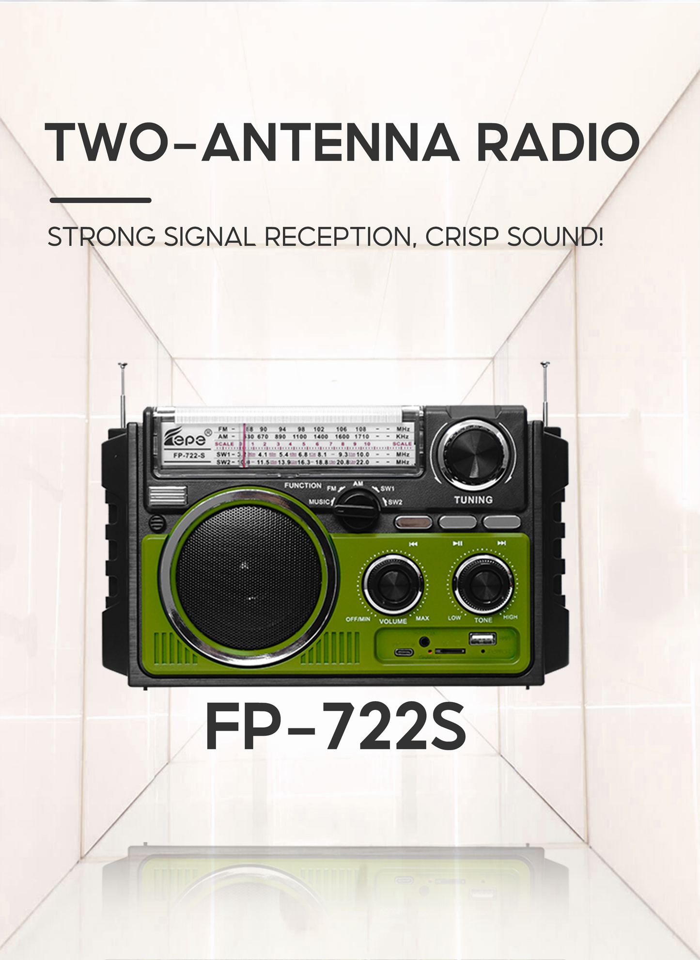 Multi-Band Radio FP-722S | AM FM SW, Bluetooth, Solar Powered & Free USB and Free Shipping