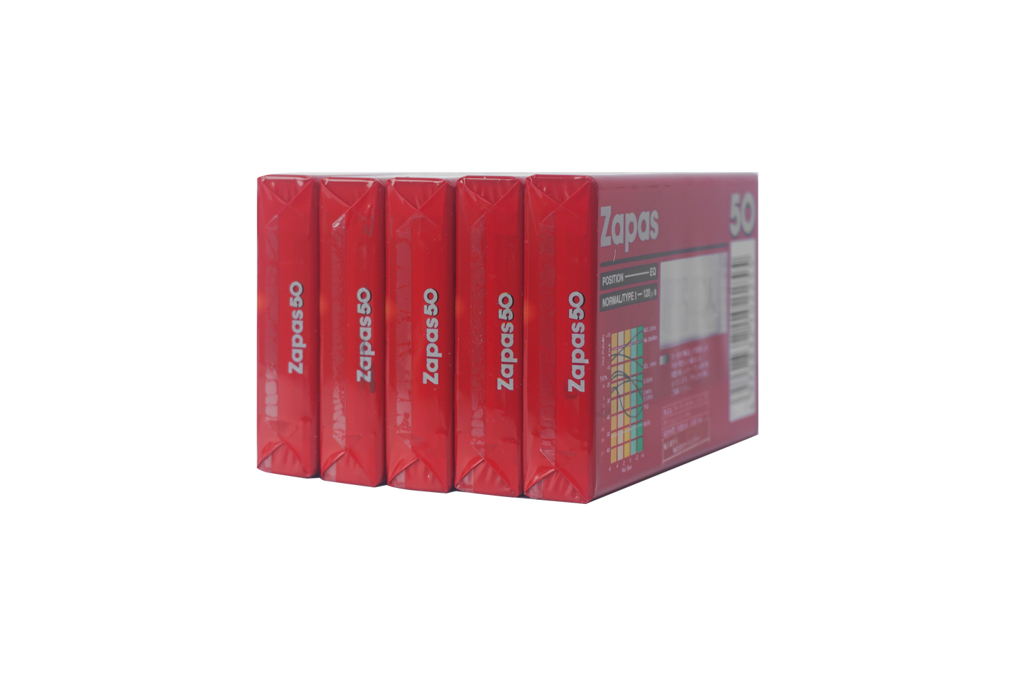 Zapas 50-Minute Blank Cassette Tape - High Output Normal Position, Clear Sound, Transparent Shell, Red Sleeve, Box of 10 Tapes