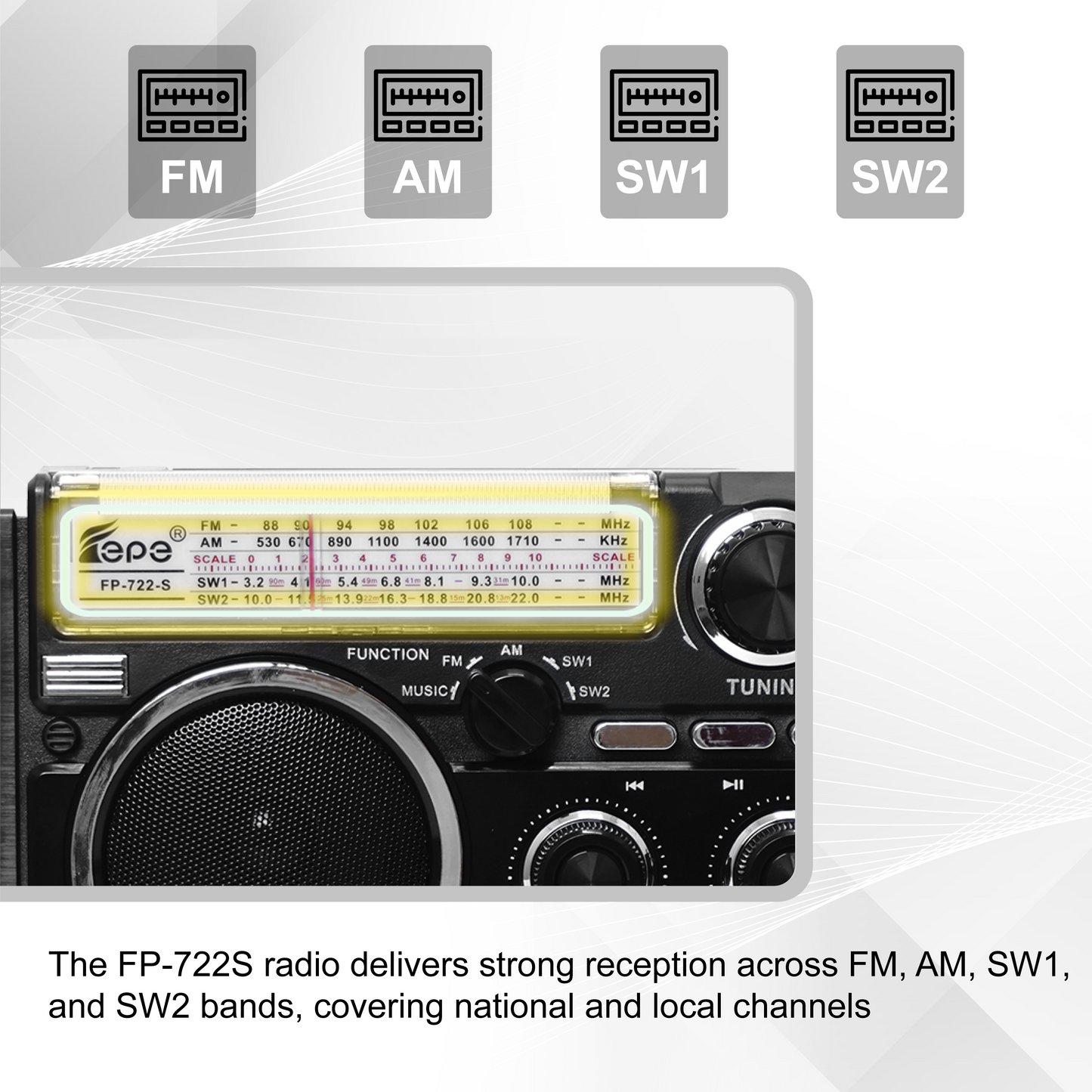 Multi-Band Radio FP-722S | AM FM SW, Bluetooth, Solar Powered & Free USB and Free Shipping