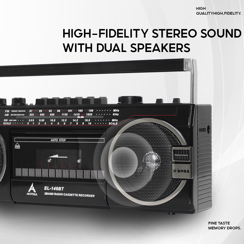 Retro Radio Cassette ANTRA EL-149BT – Bluetooth, SD, Multi-Band Radio, Dual Speakers & Free USB and 1 Cassette Tape