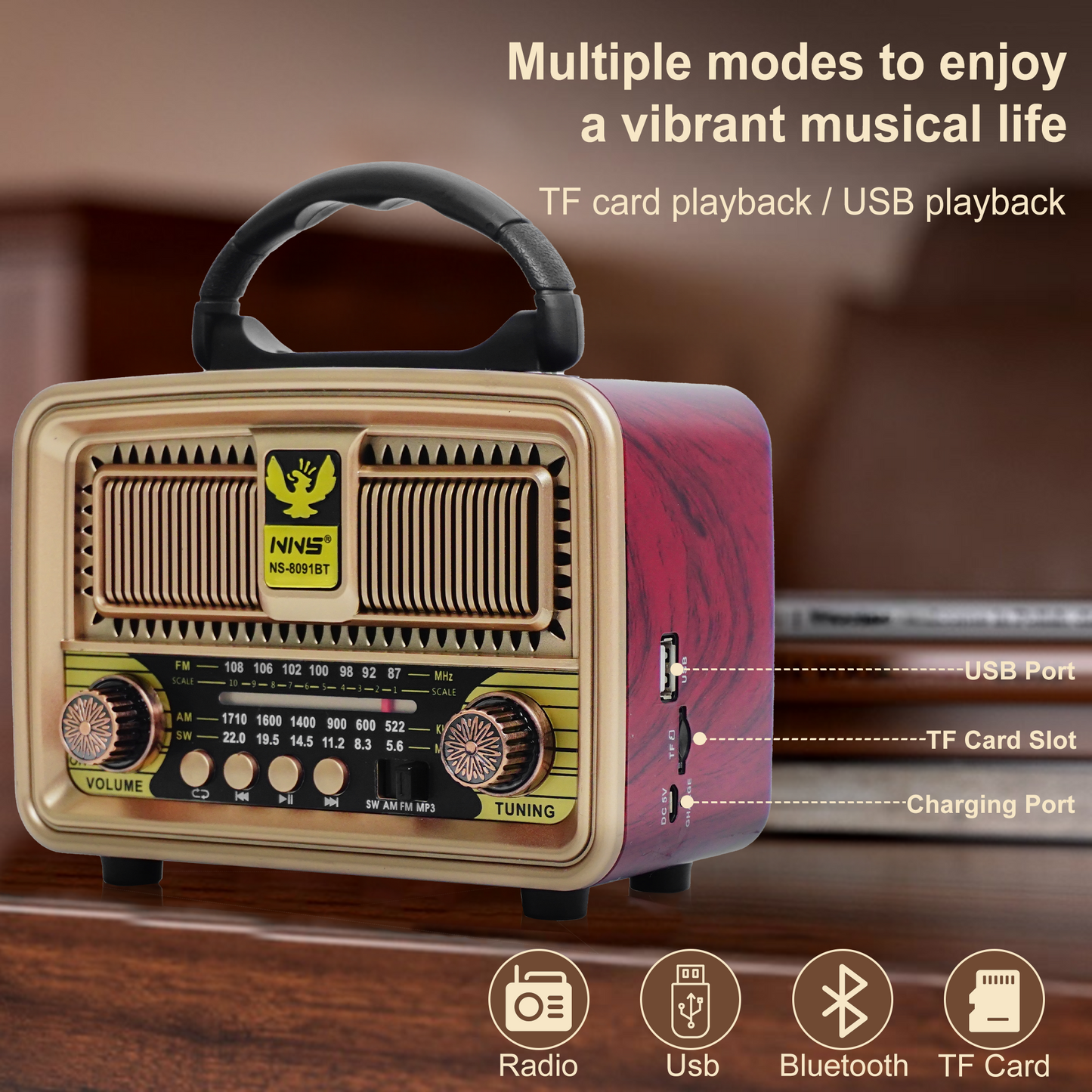 NS-8091BT Retro Radio | Hi-Fi Bluetooth Speaker with AM/FM/SW Tuner & Free USB