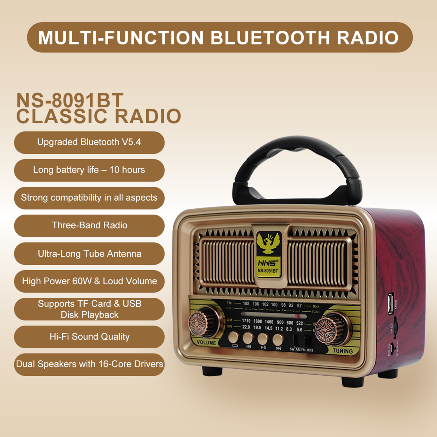 NS-8091BT Retro Radio | Hi-Fi Bluetooth Speaker with AM/FM/SW Tuner & Free USB