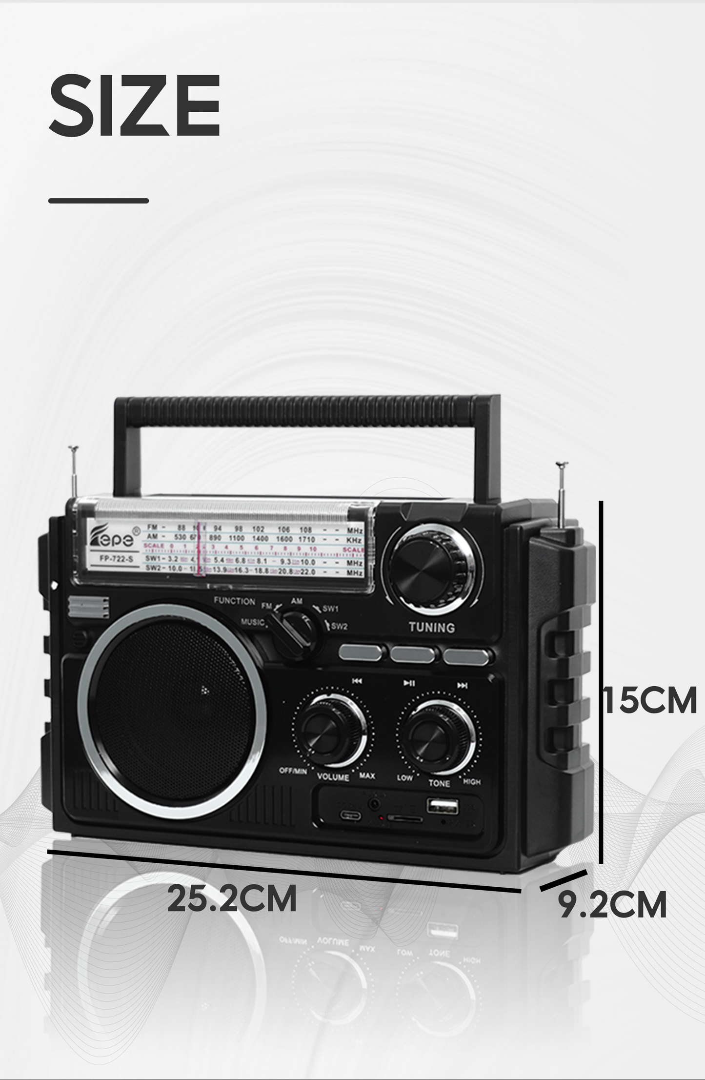 Multi-Band Radio FP-722S | AM FM SW, Bluetooth, Solar Powered & Free USB and Free Shipping