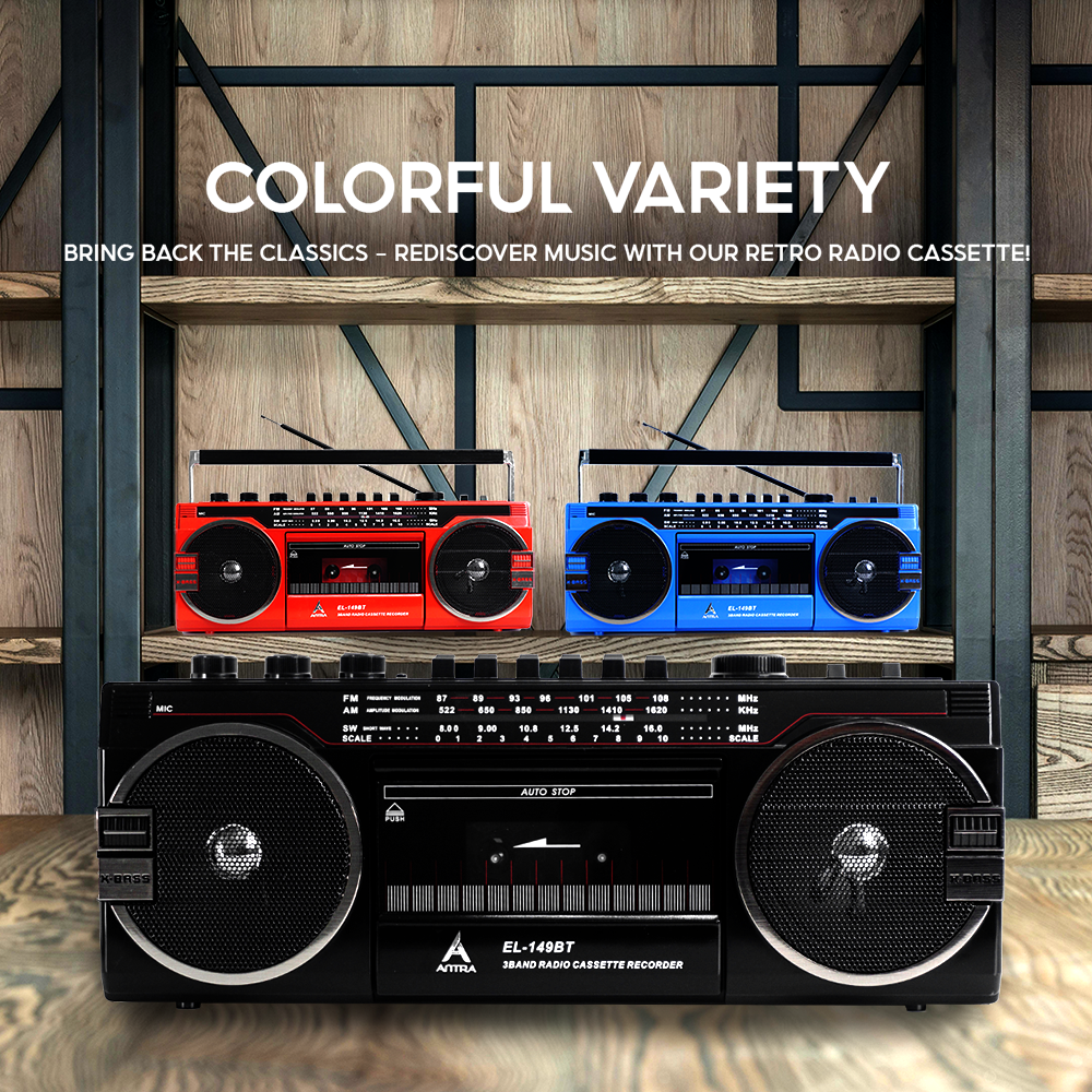 Retro Radio Cassette ANTRA EL-149BT – Bluetooth, SD, Multi-Band Radio, Dual Speakers & Free USB and 1 Cassette Tape