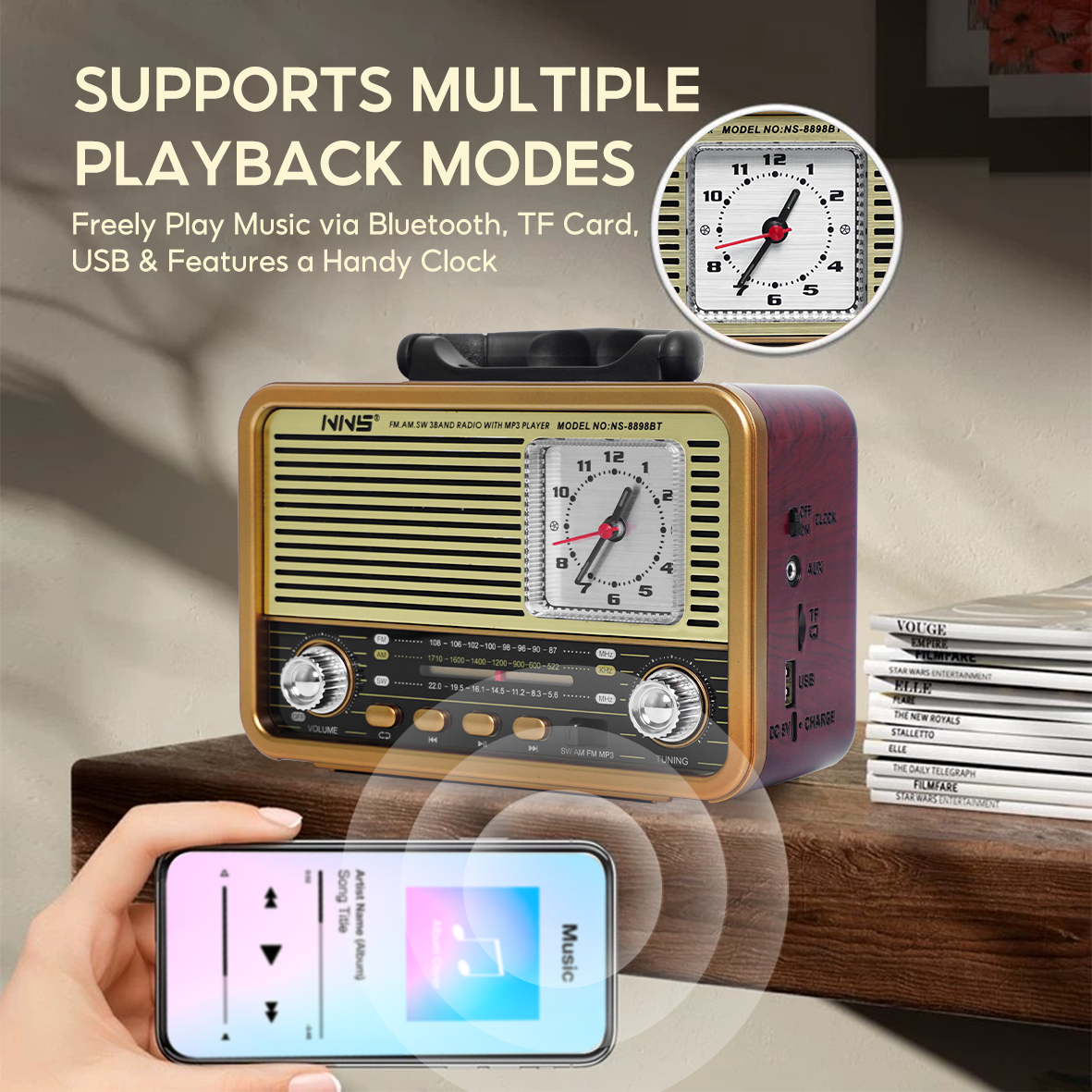 NS-8898BT Portable Retro Radio | Hi-Fi Sound, Multi-Band Receiver & Free USB