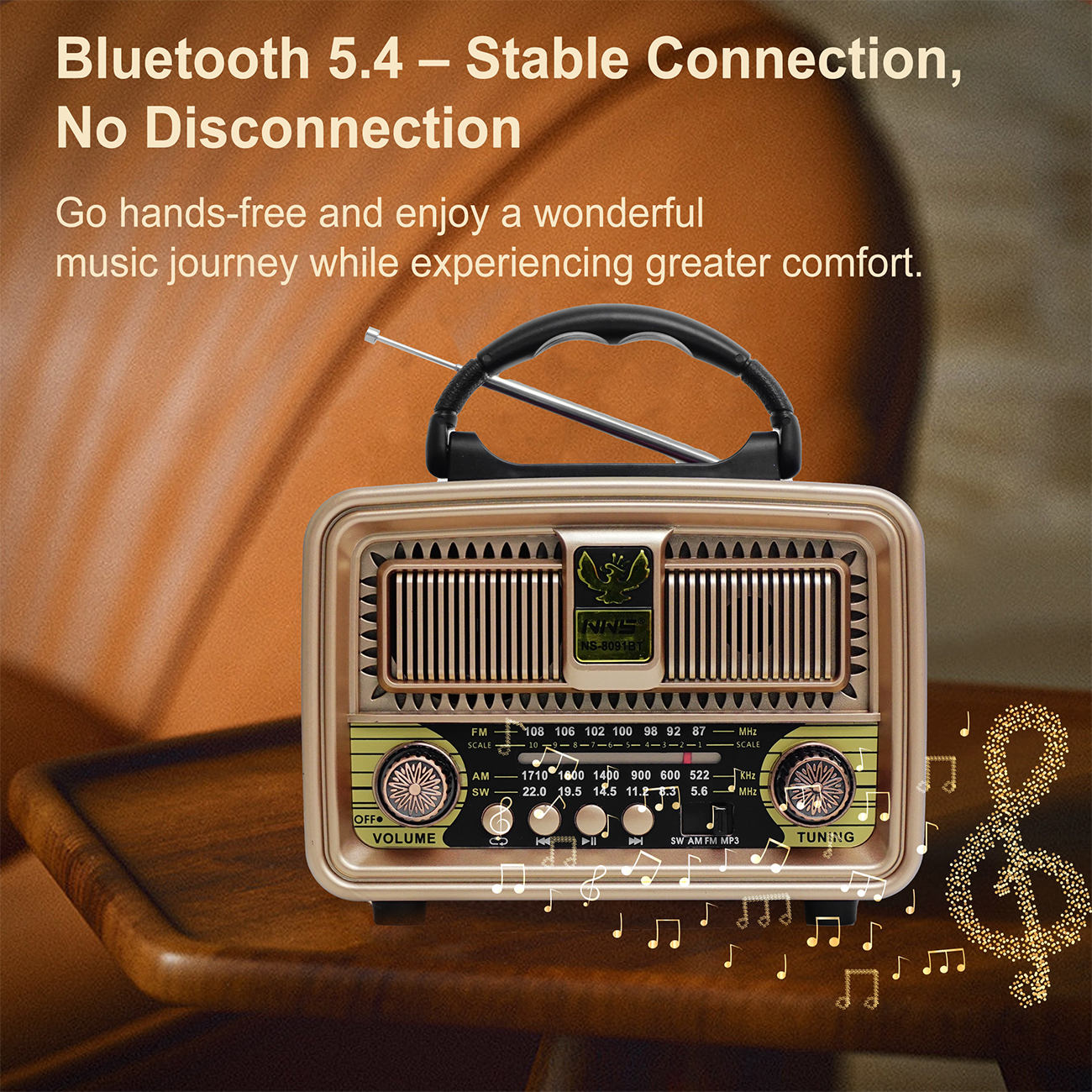 NS-8091BT Retro Radio | Hi-Fi Bluetooth Speaker with AM/FM/SW Tuner & Free USB