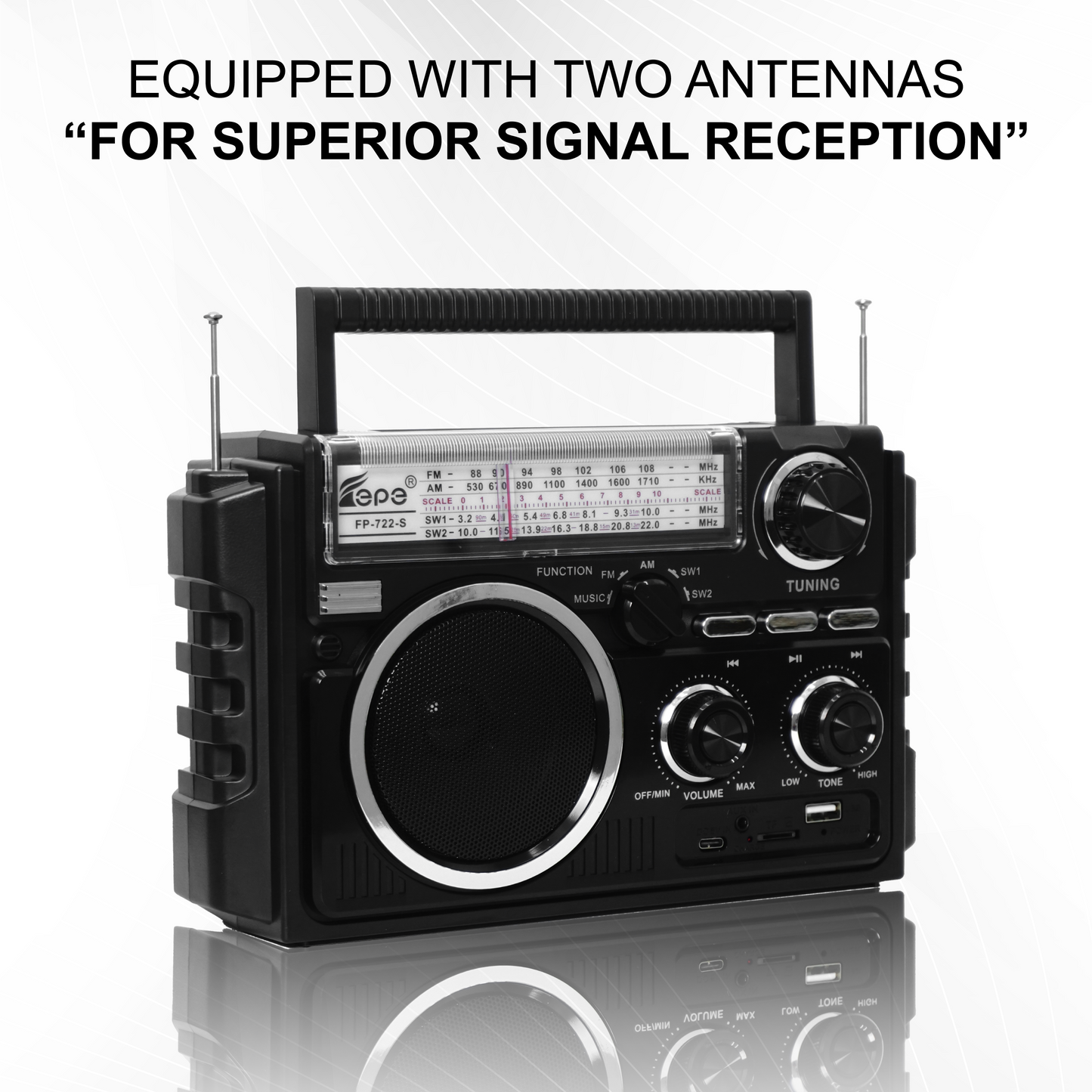 Multi-Band Radio FP-722S | AM FM SW, Bluetooth, Solar Powered & Free USB and Free Shipping