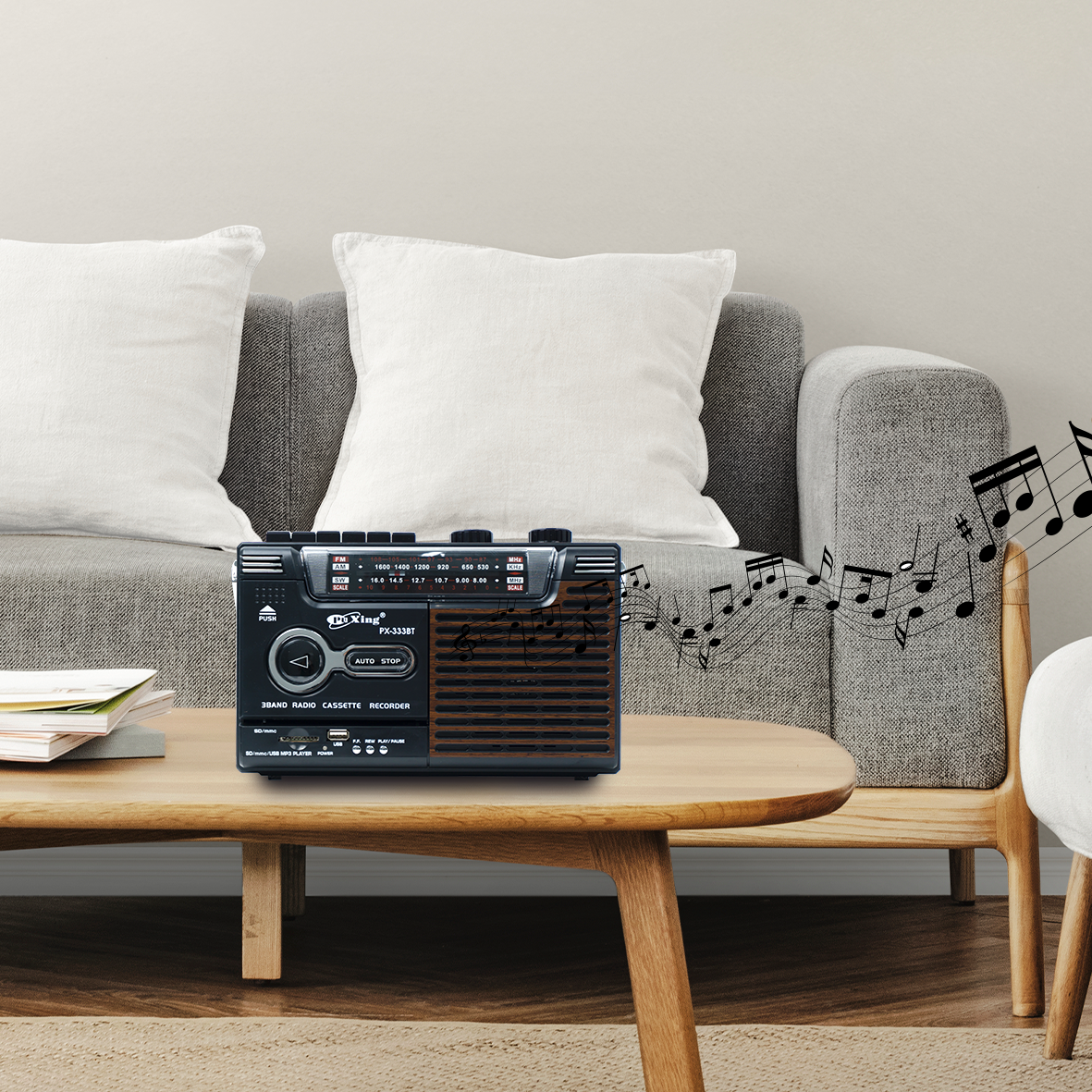 PX-333BT Shortwave Radio Classic Design, Bluetooth Connection, Memory Card, Headphone, AM/FM/SW, 12-month Warranty & Free USB and 1 Cassette Tape