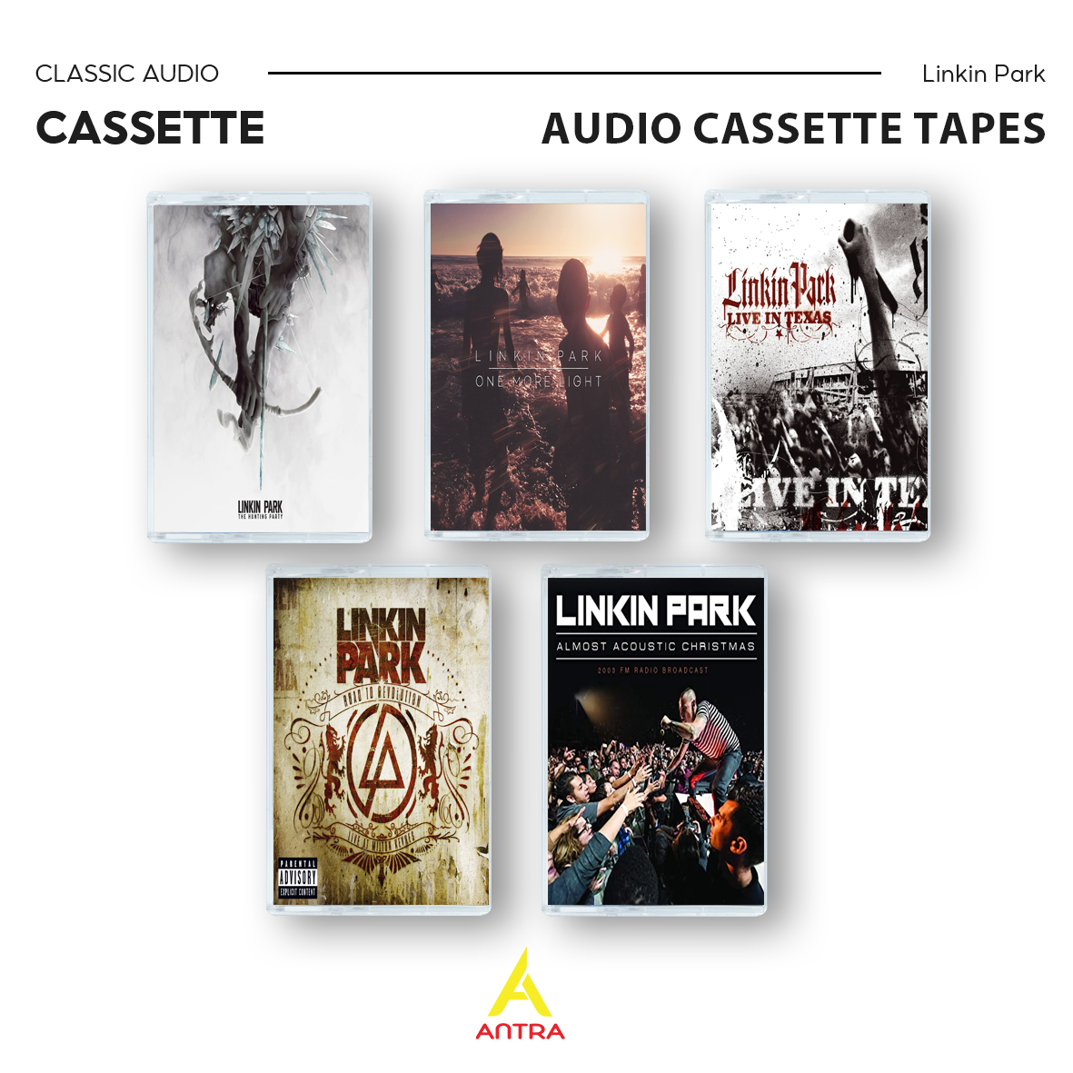 Linkin Park Vintage Cassette Set – The Hunting Party, One More Light, Live in Texas, Road to Revolution, Almost Acoustic Christmas – Collectible Mixtape for Fans