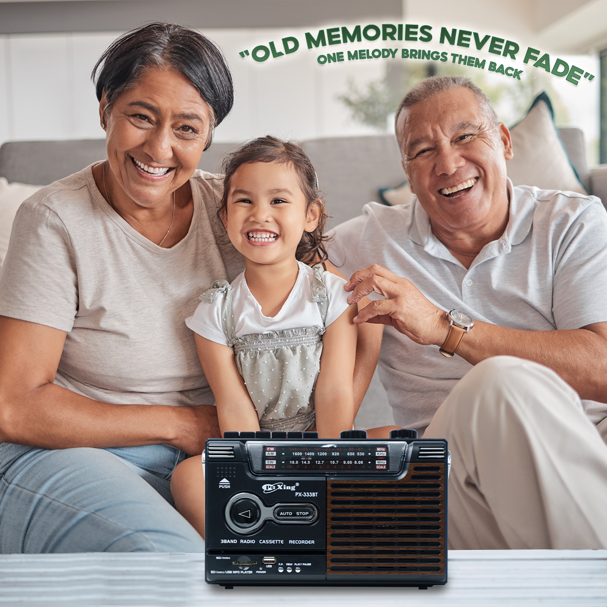 PX-333BT Shortwave Radio Classic Design, Bluetooth Connection, Memory Card, Headphone, AM/FM/SW, 12-month Warranty & Free USB and 1 Cassette Tape