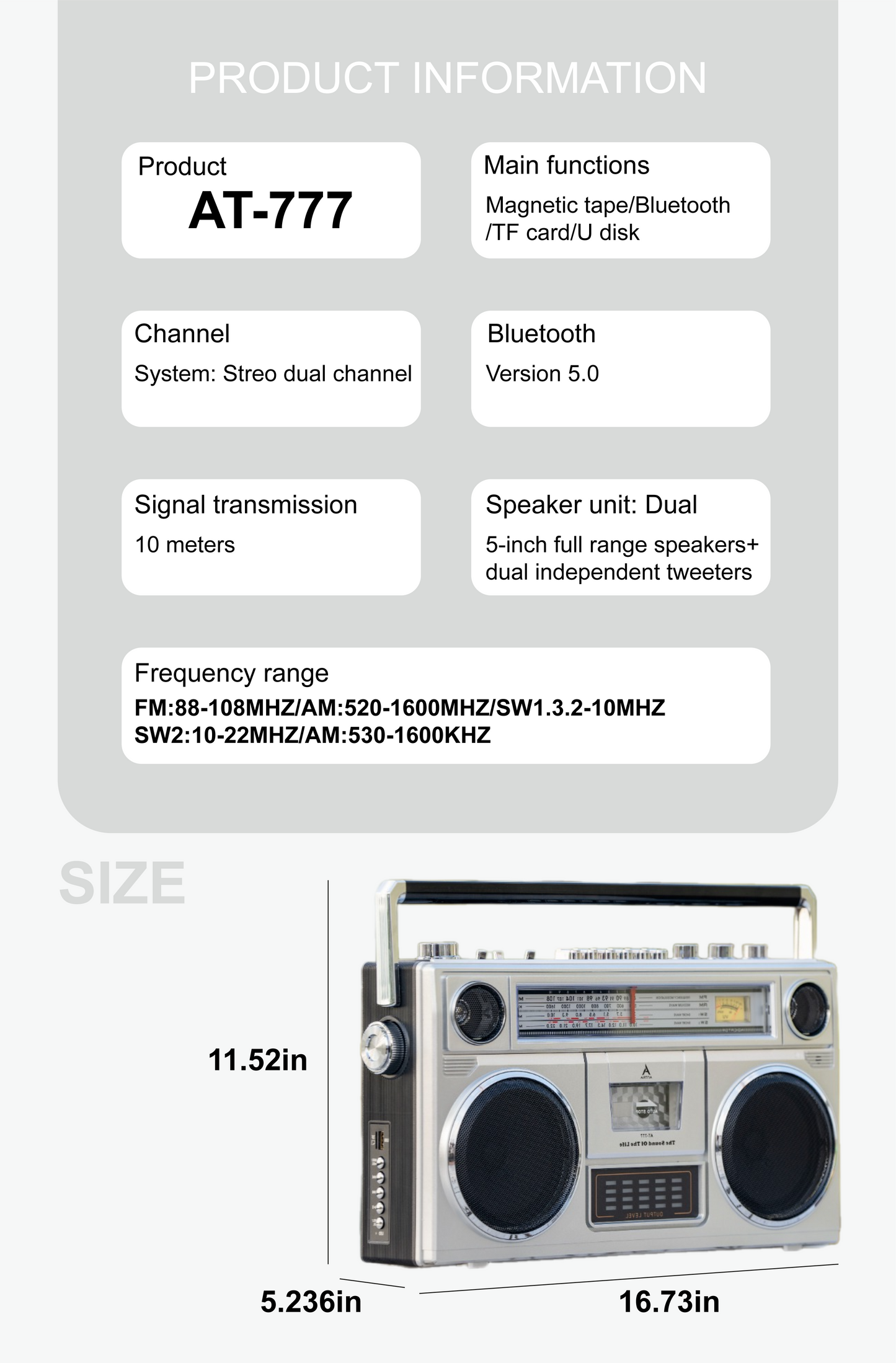 Radio AT-777 Retro Boombox Cassette Recorder | Bluetooth Radio with FM/AM/SW, Dual 5-Inch Stereo Speakers & Free USB and 1 Cassette Tape