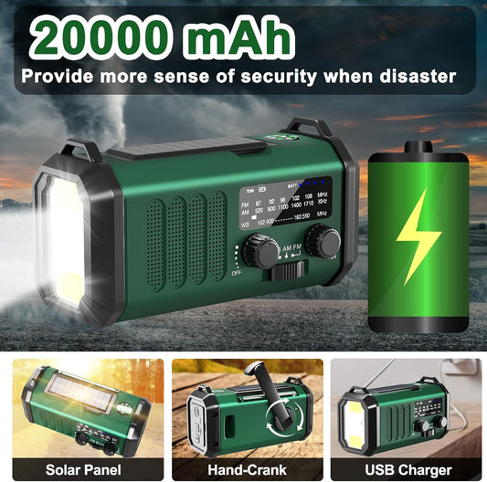 10000mAh Hand Crank Emergency Radio, NOAA Weather Radio with AM/FM & solar Radio, Rechargeable Battery, Flashlight & Reading Light, SOS Alarm, Compass Cell Phone Charger for Indoor Outdoor Emergencies