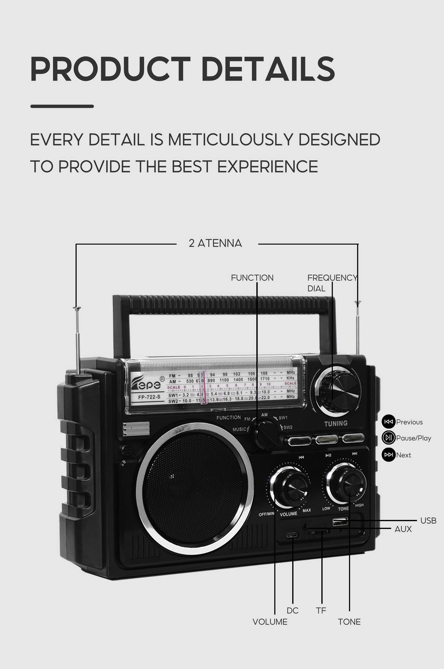 Multi-Band Radio FP-722S | AM FM SW, Bluetooth, Solar Powered & Free USB and Free Shipping