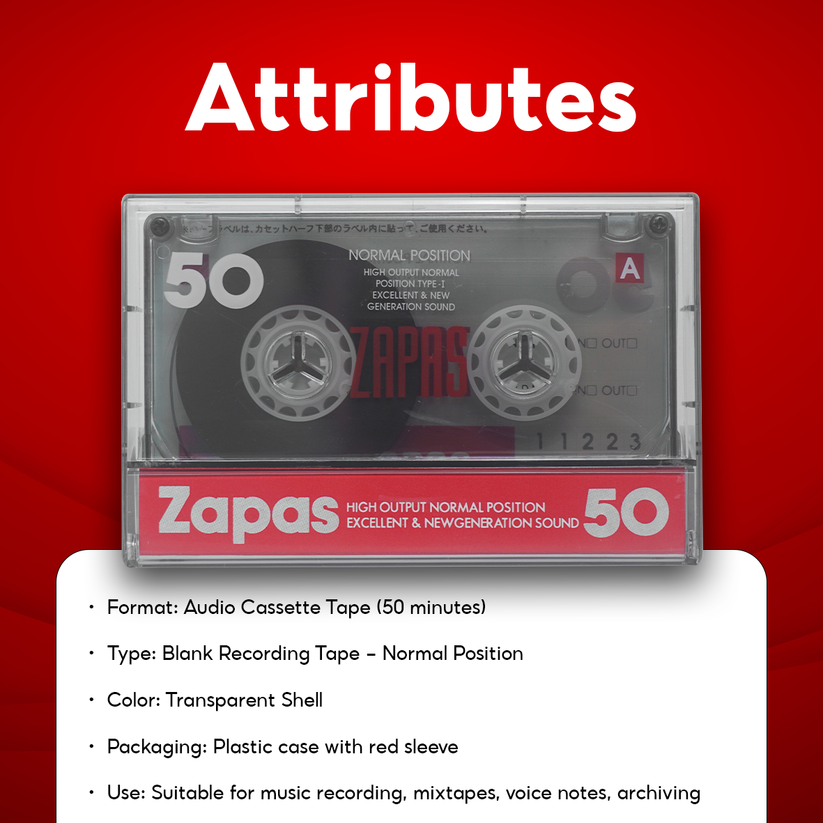 Zapas 50-Minute Blank Cassette Tape - High Output Normal Position, Clear Sound, Transparent Shell, Red Sleeve, Box of 10 Tapes