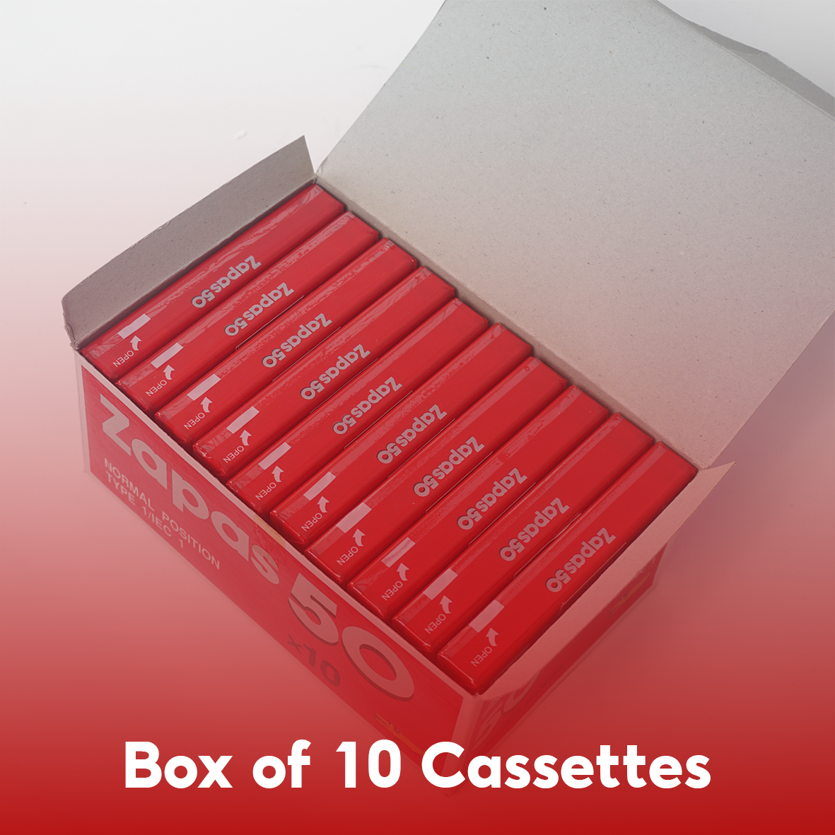 Zapas 50-Minute Blank Cassette Tape - High Output Normal Position, Clear Sound, Transparent Shell, Red Sleeve, Box of 10 Tapes