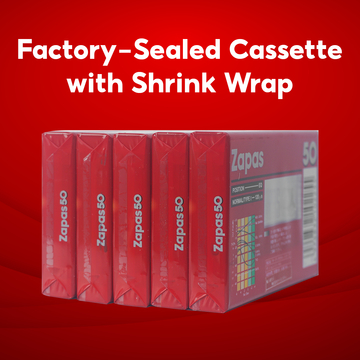 Zapas 50-Minute Blank Cassette Tape - High Output Normal Position, Clear Sound, Transparent Shell, Red Sleeve, Box of 10 Tapes