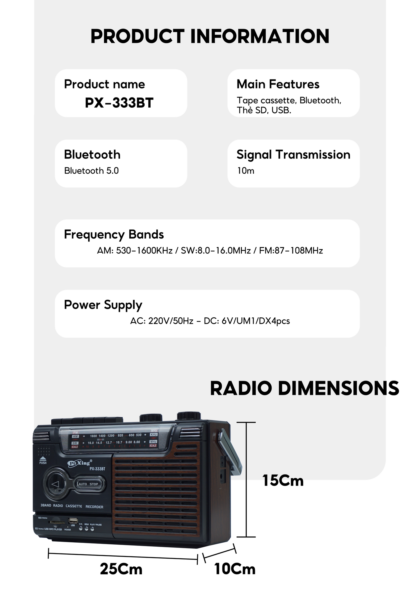PX-333BT Shortwave Radio Classic Design, Bluetooth Connection, Memory Card, Headphone, AM/FM/SW, 12-month Warranty & Free USB and 1 Cassette Tape