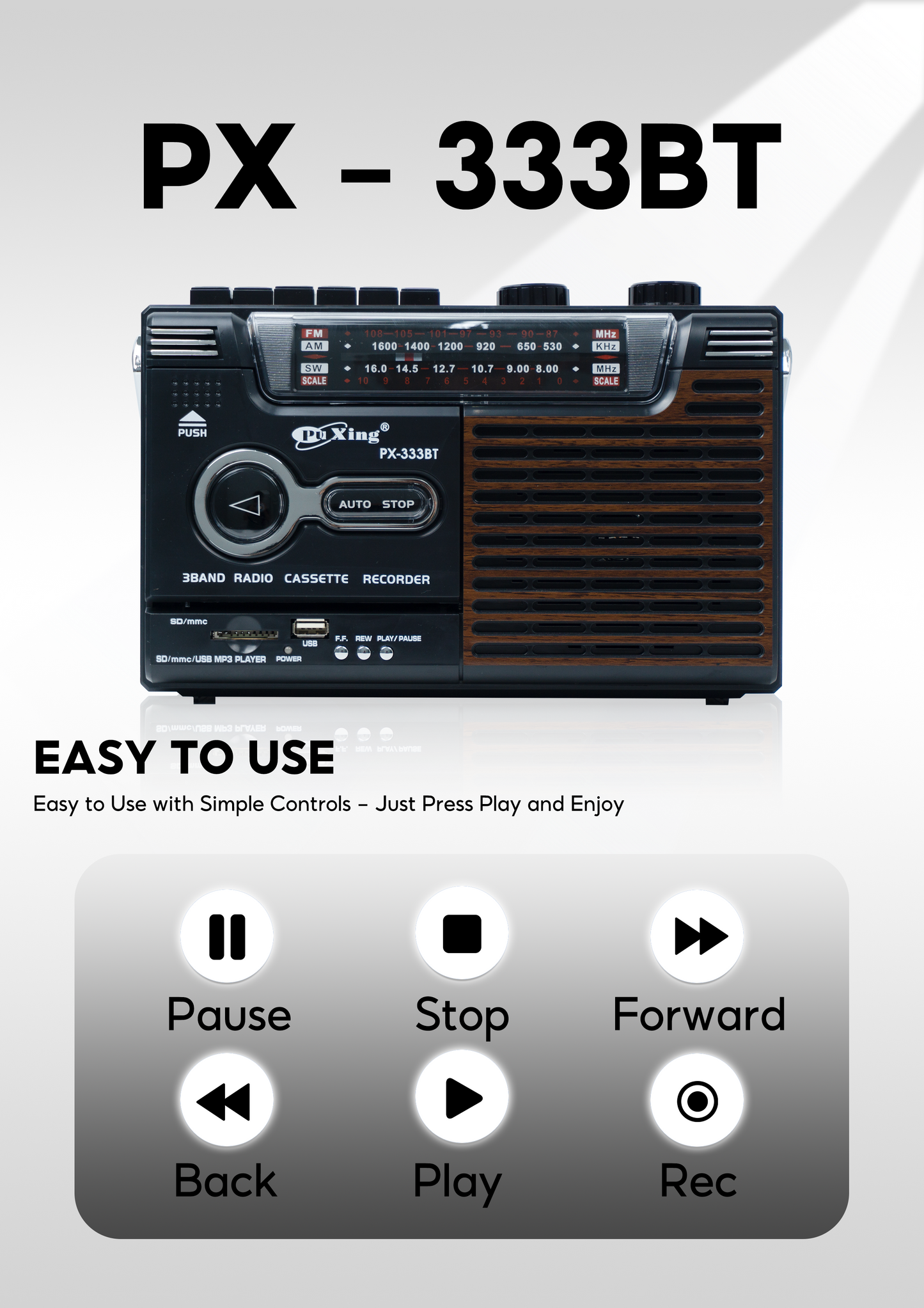PX-333BT Shortwave Radio Classic Design, Bluetooth Connection, Memory Card, Headphone, AM/FM/SW, 12-month Warranty & Free USB and 1 Cassette Tape