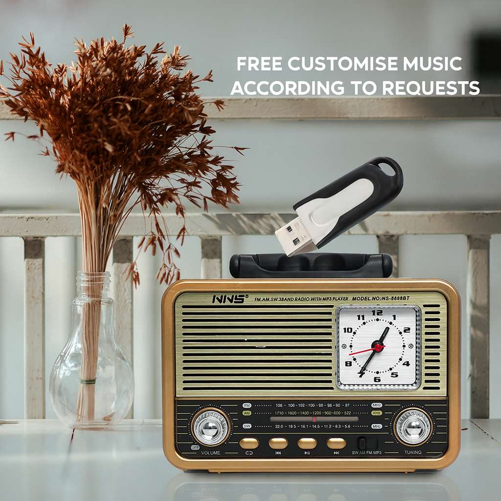 NS-8898BT Portable Retro Radio | Hi-Fi Sound, Multi-Band Receiver & Free USB