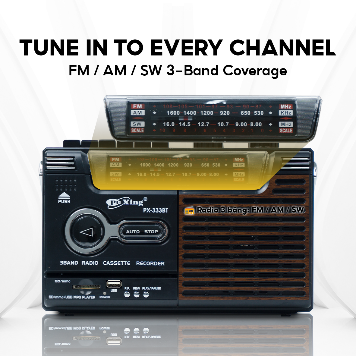 PX-333BT Shortwave Radio Classic Design, Bluetooth Connection, Memory Card, Headphone, AM/FM/SW, 12-month Warranty & Free USB and 1 Cassette Tape