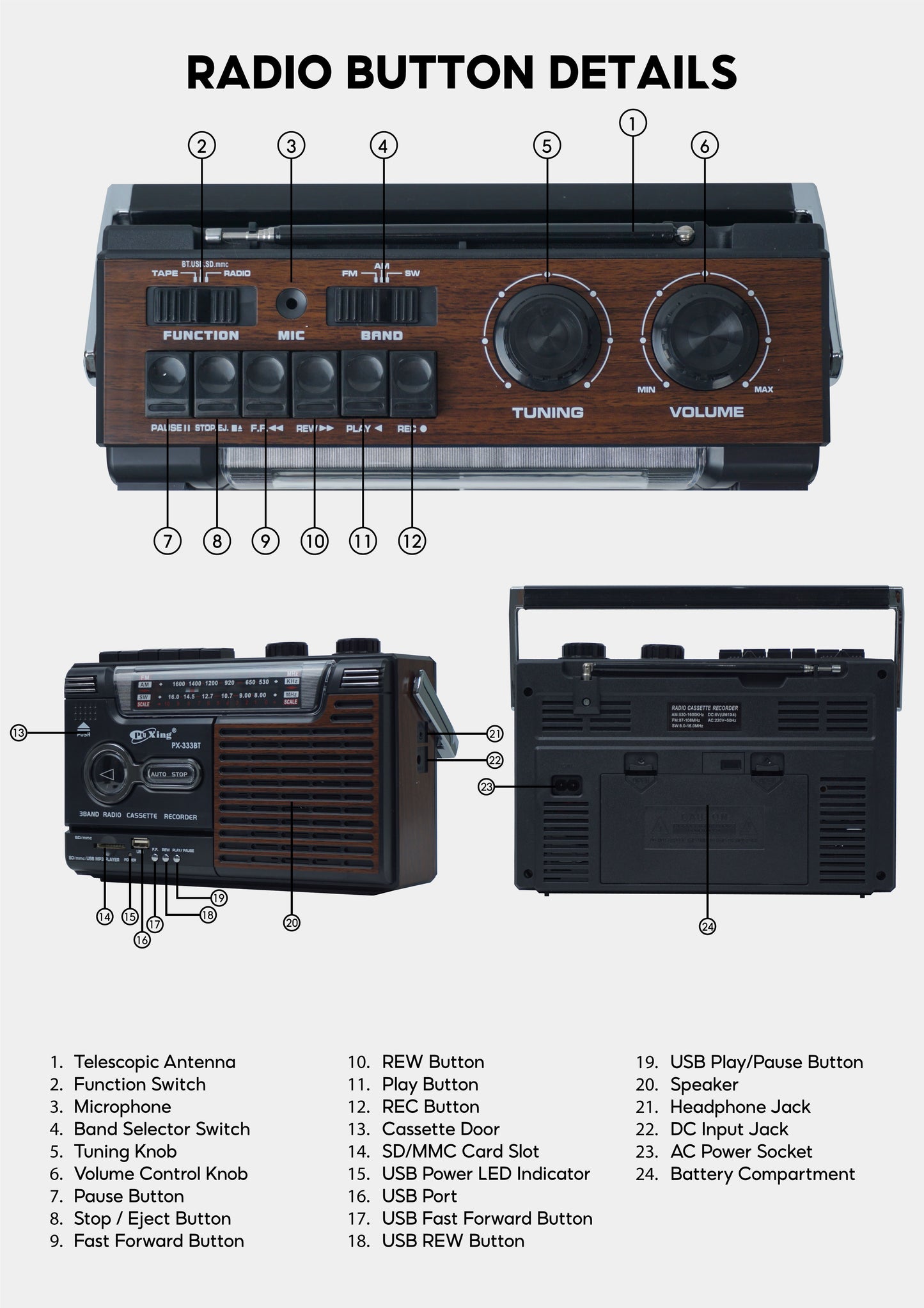 PX-333BT Shortwave Radio Classic Design, Bluetooth Connection, Memory Card, Headphone, AM/FM/SW, 12-month Warranty & Free USB and 1 Cassette Tape