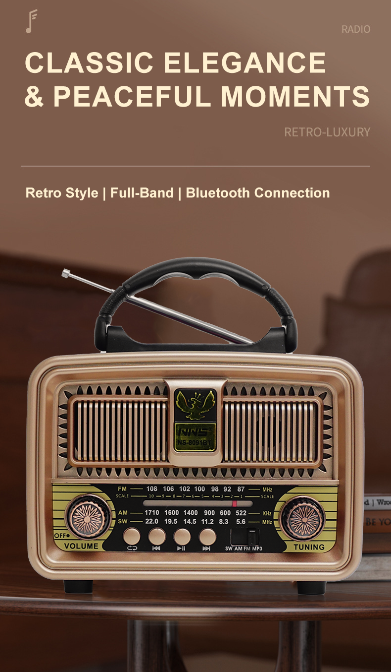 NS-8091BT Retro Radio | Hi-Fi Bluetooth Speaker with AM/FM/SW Tuner & Free USB