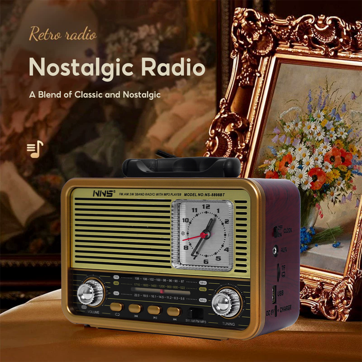NS-8898BT Portable Retro Radio | Hi-Fi Sound, Multi-Band Receiver & Free USB