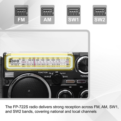 Multi-Band Radio FP-722S | AM FM SW, Bluetooth, Solar Powered & Free USB and Free Shipping