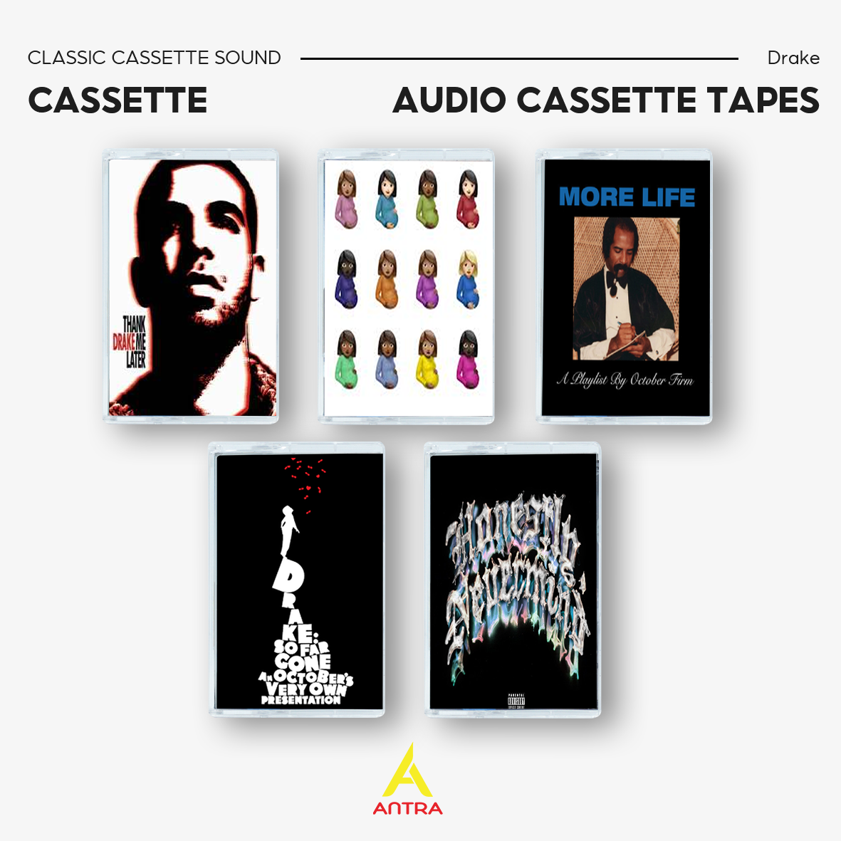 Drake Cassette Tape Set – Thank Me Later, Certified Lover Boy, More Life, So Far Gone, Honestly Nevermind – Hip Hop & R&B Collectible Mixtape