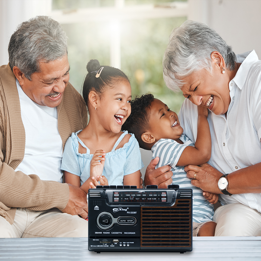 PX-333BT Shortwave Radio Classic Design, Bluetooth Connection, Memory Card, Headphone, AM/FM/SW, 12-month Warranty & Free USB and 1 Cassette Tape