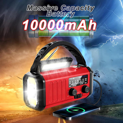 10000mAh Hand Crank Emergency Radio, NOAA Weather Radio with AM/FM & solar Radio, Rechargeable Battery, Flashlight & Reading Light, SOS Alarm, Compass Cell Phone Charger for Indoor Outdoor Emergencies