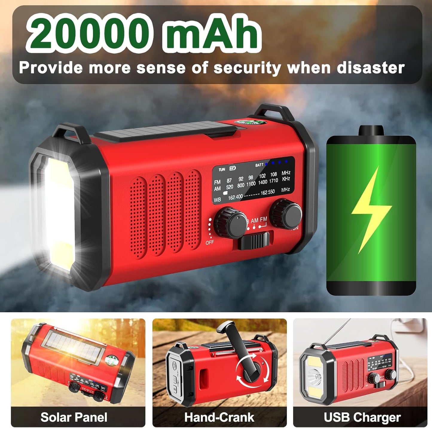 10000mAh Hand Crank Emergency Radio, NOAA Weather Radio with AM/FM & solar Radio, Rechargeable Battery, Flashlight & Reading Light, SOS Alarm, Compass Cell Phone Charger for Indoor Outdoor Emergencies