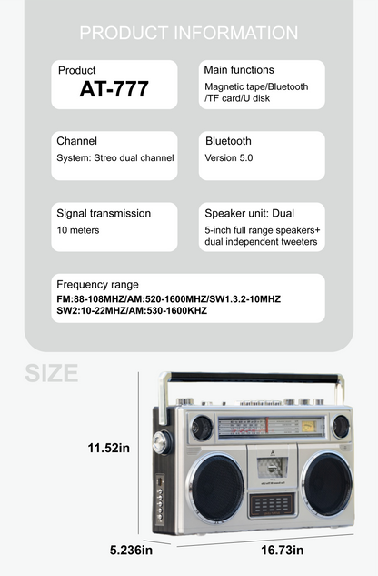 Radio AT-777 Retro Boombox Cassette Recorder | Bluetooth Radio with FM/AM/SW, Dual 5-Inch Stereo Speakers & Free USB and 1 Cassette Tape