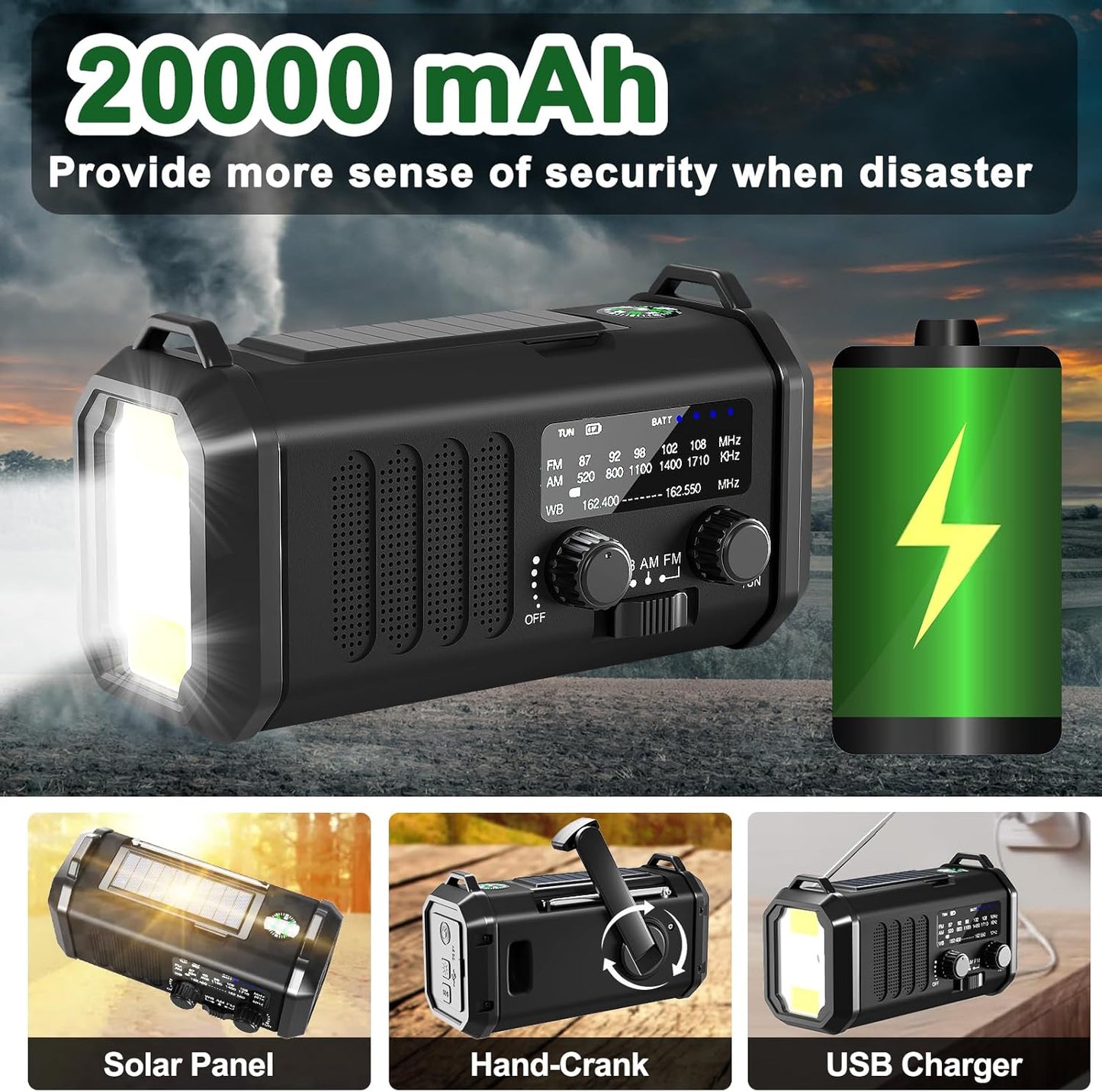 10000mAh Hand Crank Emergency Radio, NOAA Weather Radio with AM/FM & solar Radio, Rechargeable Battery, Flashlight & Reading Light, SOS Alarm, Compass Cell Phone Charger for Indoor Outdoor Emergencies