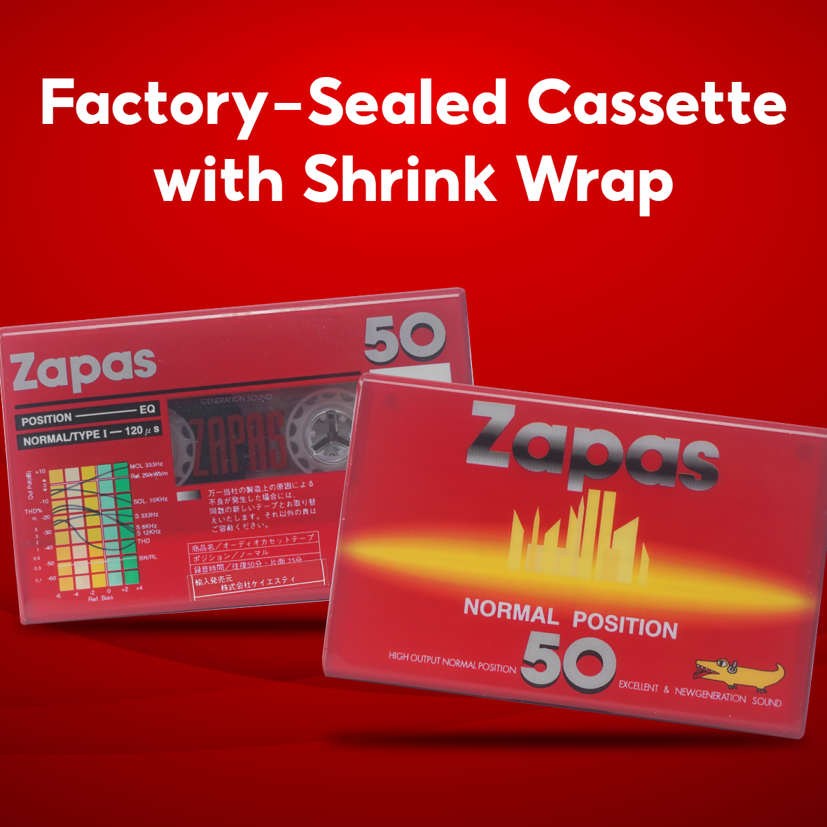Zapas 50-Minute Blank Cassette Tape - High Output Normal Position, Clear Sound, Transparent Shell, Red Sleeve, Box of 10 Tapes