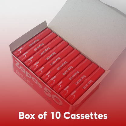 Zapas 50-Minute Blank Cassette Tape - High Output Normal Position, Clear Sound, Transparent Shell, Red Sleeve, Box of 10 Tapes