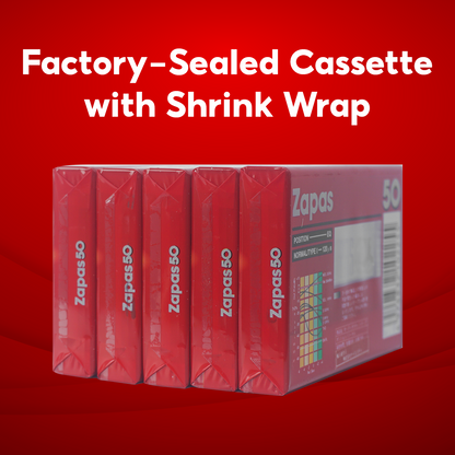 Zapas 50-Minute Blank Cassette Tape - High Output Normal Position, Clear Sound, Transparent Shell, Red Sleeve, Box of 10 Tapes