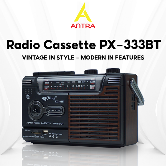 PX-333BT Shortwave Radio Classic Design, Bluetooth Connection, Memory Card, Headphone, AM/FM/SW, 12-month Warranty & Free USB and 1 Cassette Tape