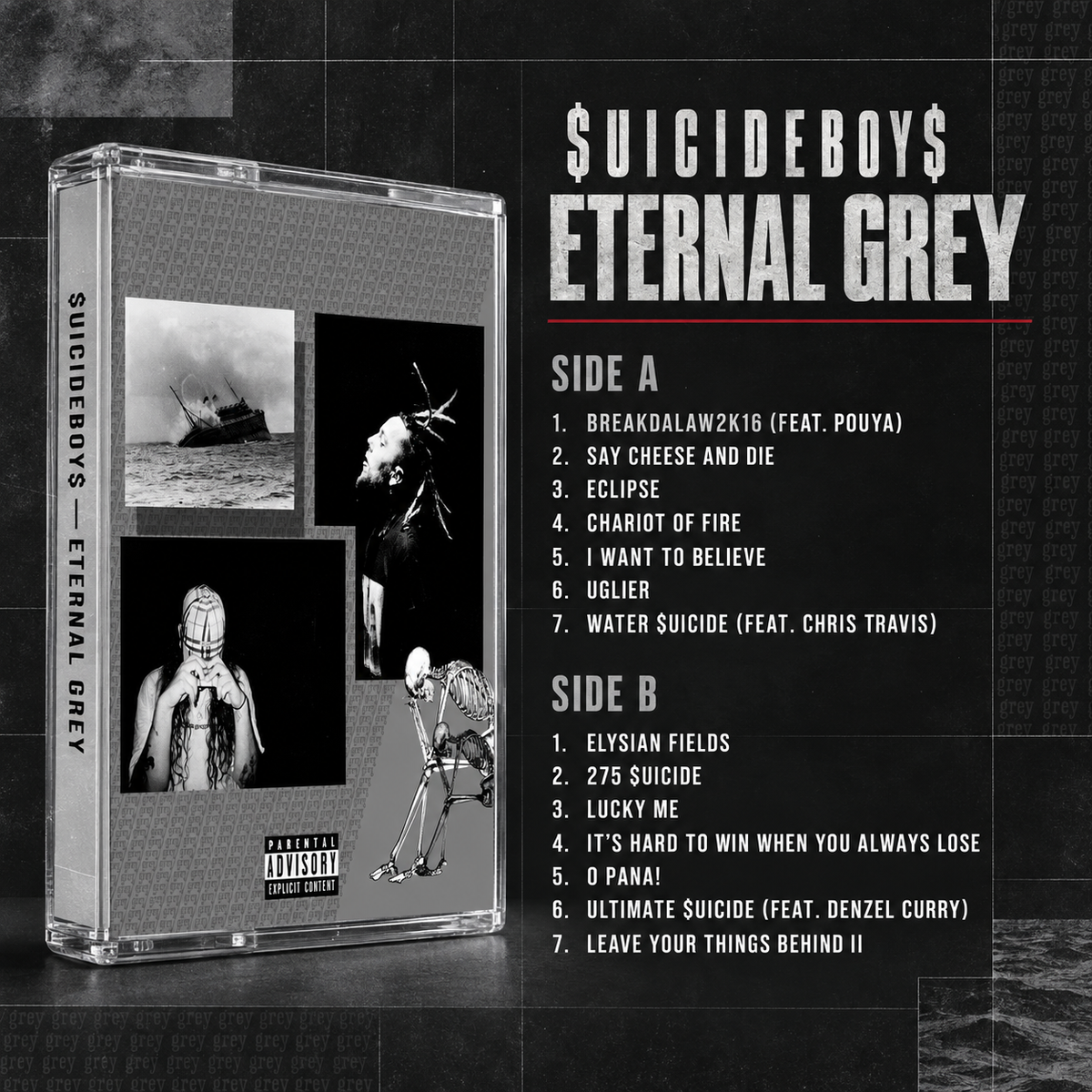 $uicideboy$ Cassette Tape Collection – Grey/Grey, Eternal Grey, I Want to Die in New Orleans, Stop Staring at the Shadows, Long Term Effects of Suffering – Vintage Hip Hop & Underground Rap