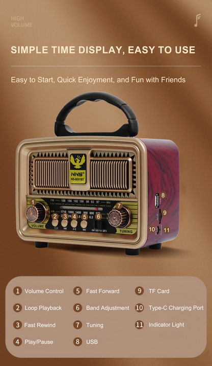 NS-8091BT Retro Radio | Hi-Fi Bluetooth Speaker with AM/FM/SW Tuner & Free USB